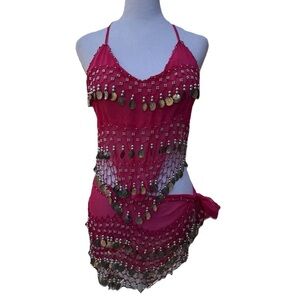 Hot Pink Belly Dance Halter Top & Skirt Gold Coin Accent Costume 24” Bust Junior